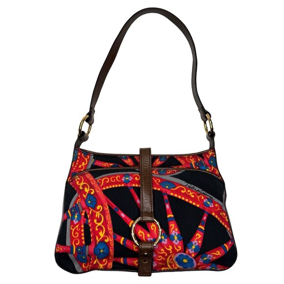 Dolce Gabbana Vintage Sicilian Red Black Fabric Brown Leather Bag Purse - Picture 1 of 16